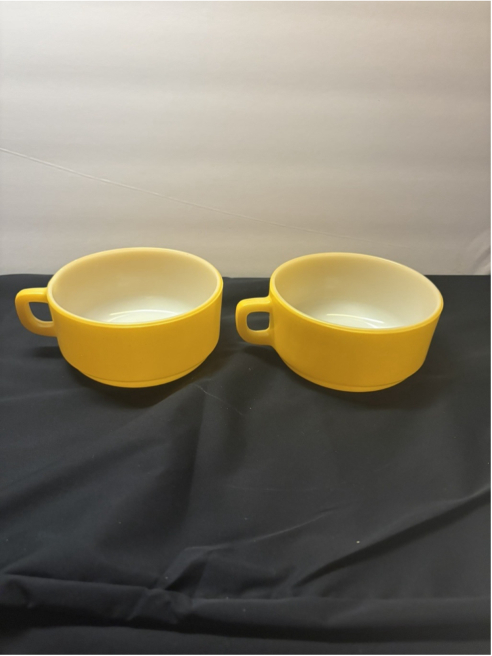 2 Vintage Fire King Anchor Hocking D Handle Soup Bowls Mugs Yellow Stackable